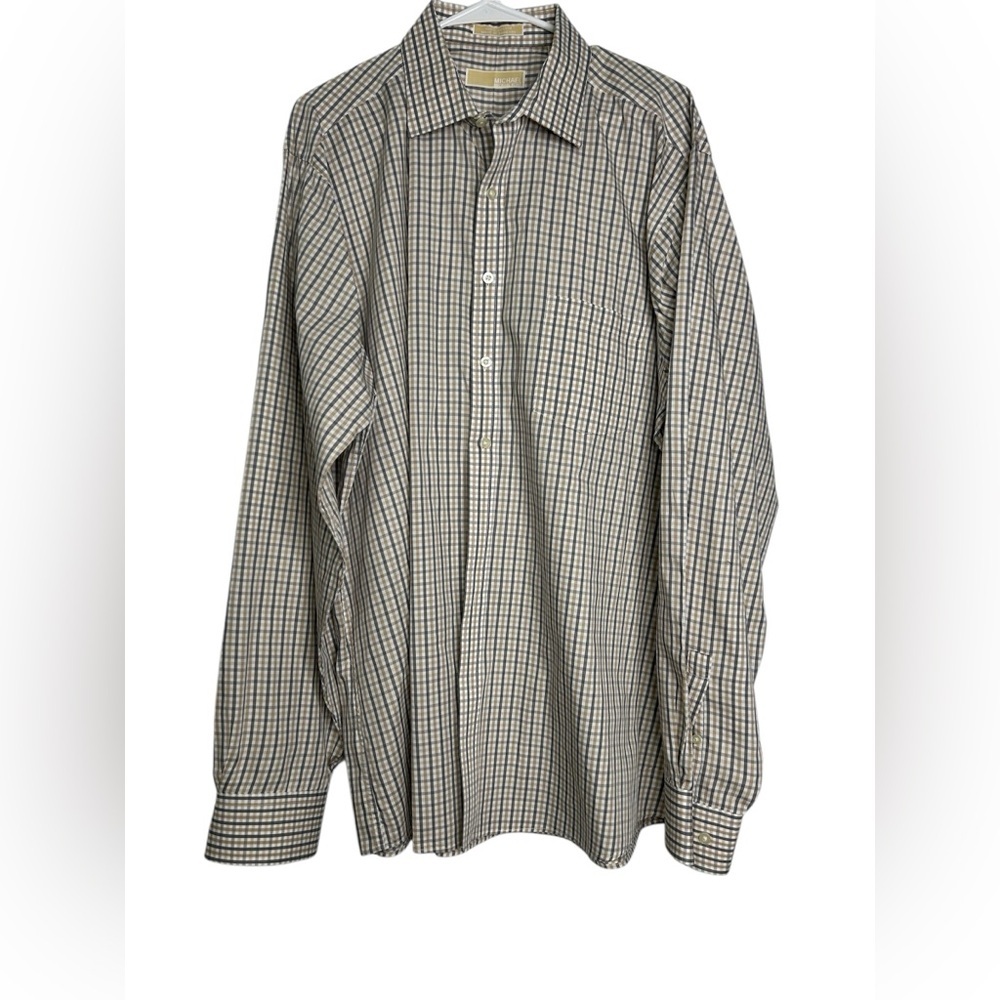 Michael Kors Men's Plaid Shirt Dress shirt- Tan and Blue Tall 17.5 /38 /39